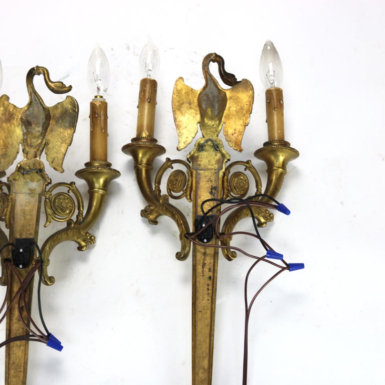 Pair of Antique French Empire Figural Goose Gilt Bronze Two-Light Sconces C1920