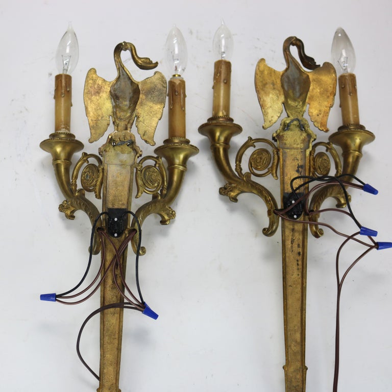 Pair of Antique French Empire Figural Goose Gilt Bronze Two-Light Sconces C1920