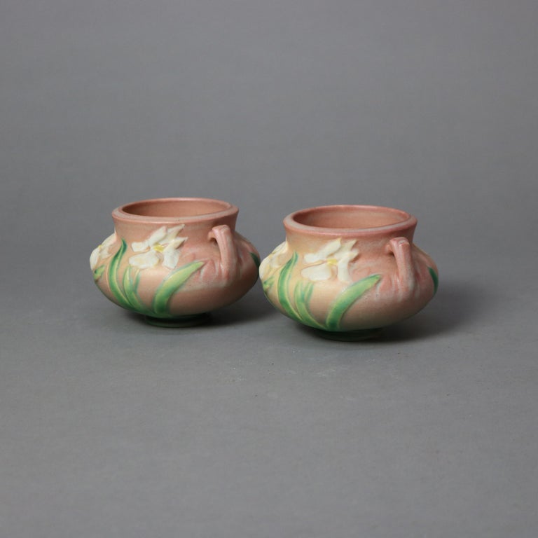 Two Pieces of Pink Roseville Art Pottery with Iris Pattern Mid 20thC