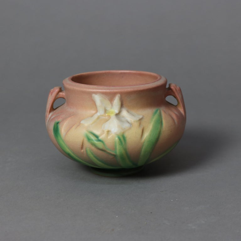 Two Pieces of Pink Roseville Art Pottery with Iris Pattern Mid 20thC