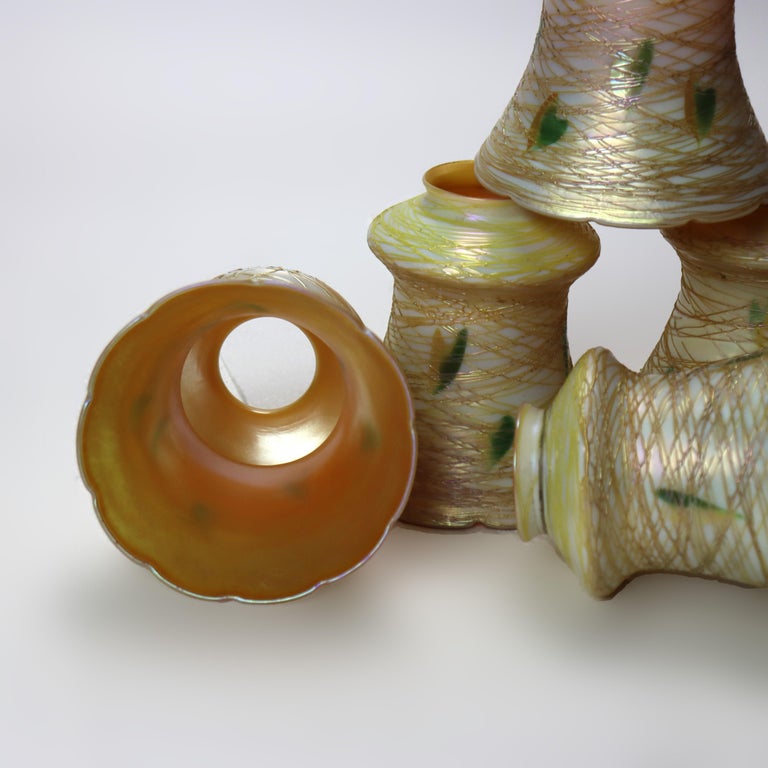 Six Quezal & Lustre Art Glass Shades Signed C1930