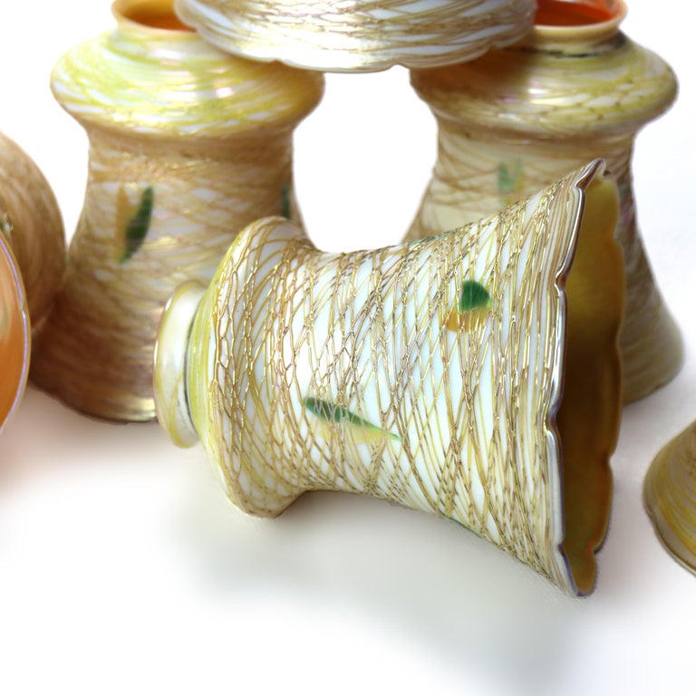 Six Quezal & Lustre Art Glass Shades Signed C1930