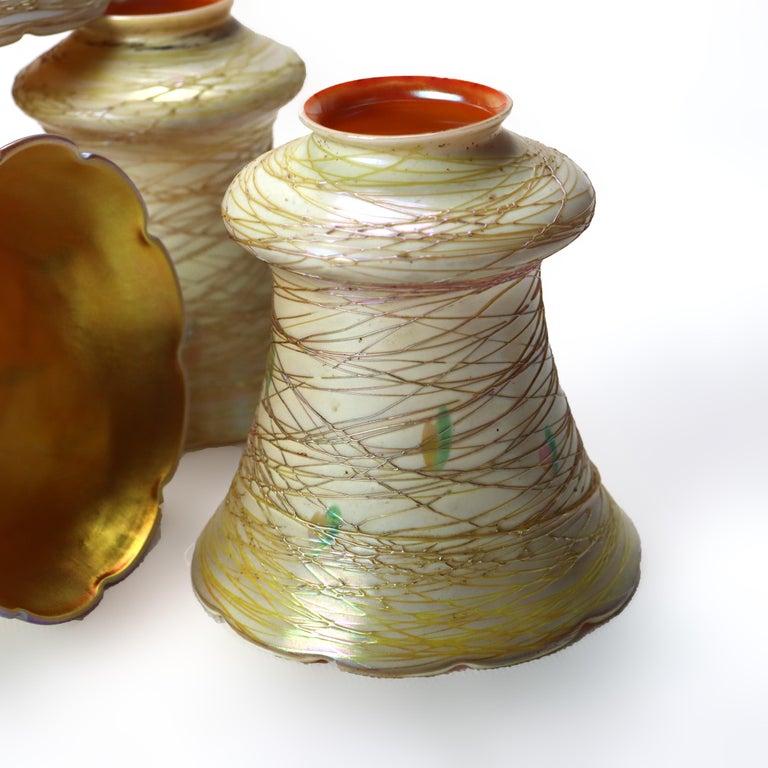 Six Quezal & Lustre Art Glass Shades Signed C1930