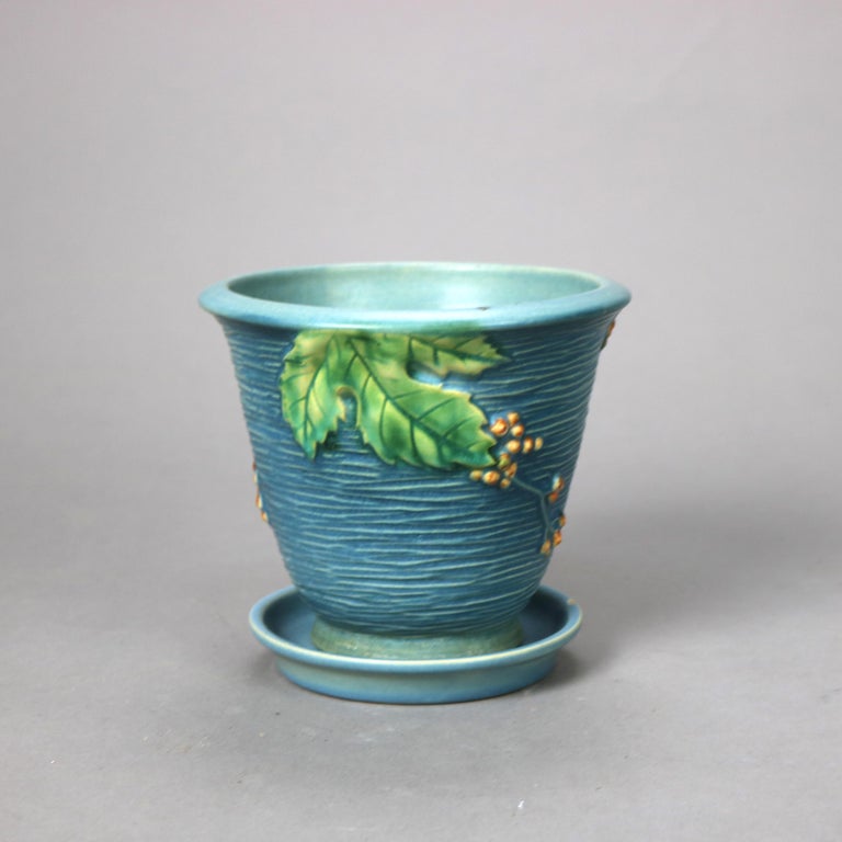 Two Pieces of Blue Roseville Art Pottery with Bittersweet Pattern Mid 20thC