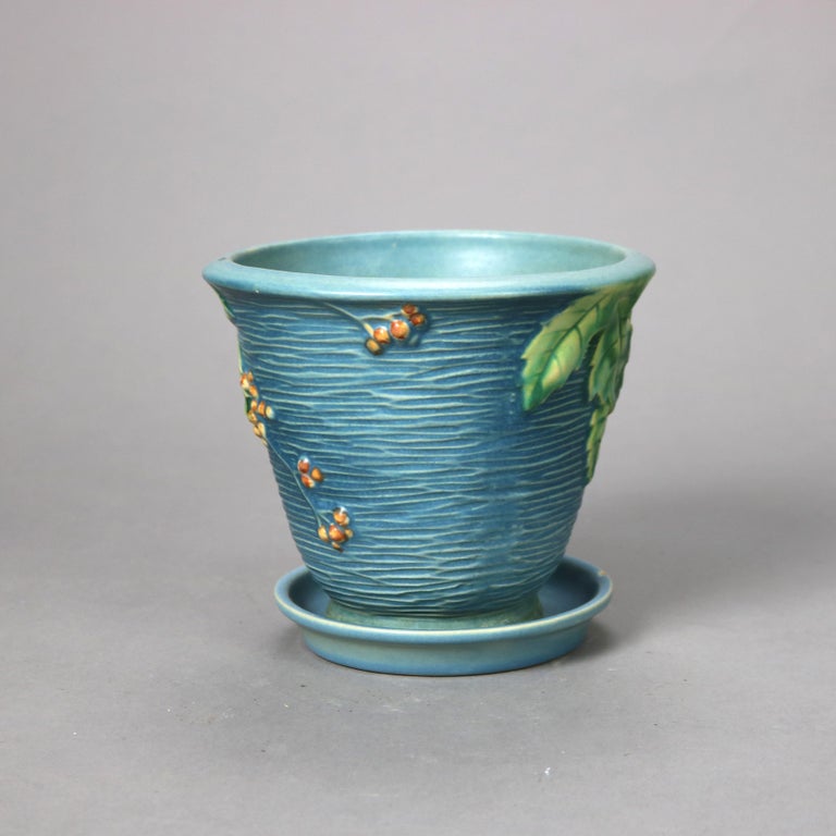 Two Pieces of Blue Roseville Art Pottery with Bittersweet Pattern Mid 20thC