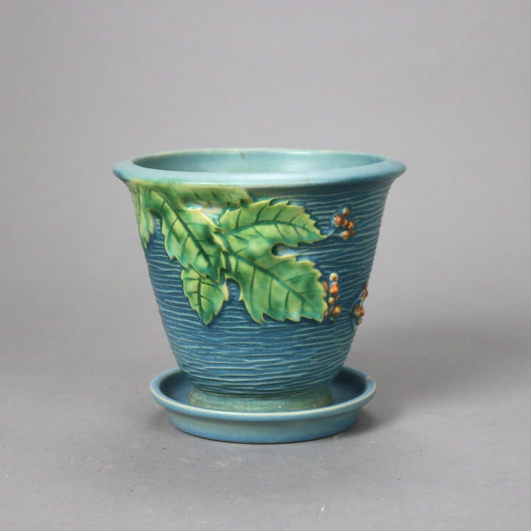 Two Pieces of Blue Roseville Art Pottery with Bittersweet Pattern Mid 20thC