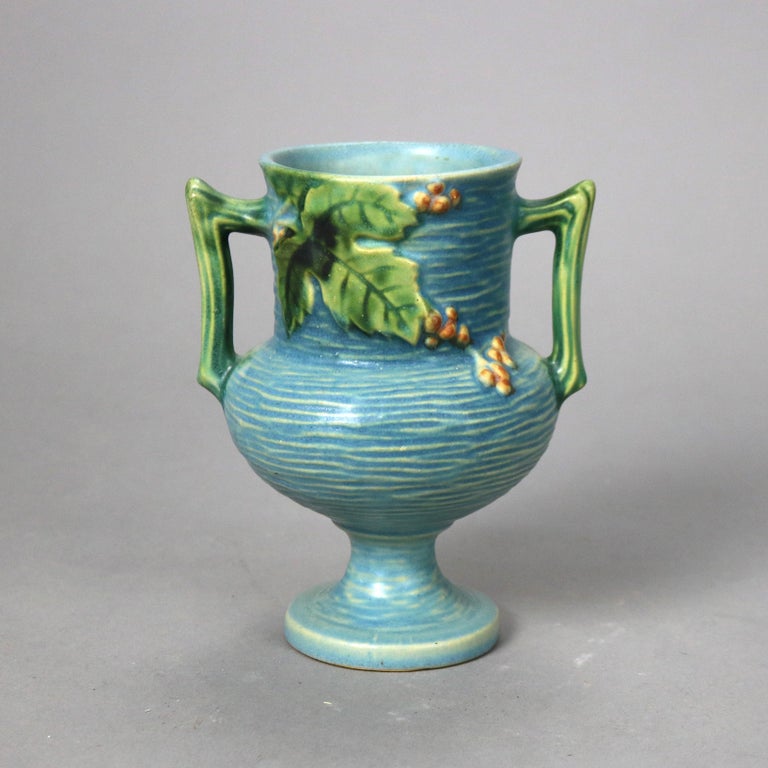Two Pieces of Blue Roseville Art Pottery with Bittersweet Pattern Mid 20thC