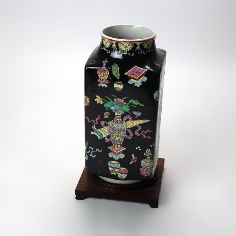 Vintage Chinese Enameled Porcelain Vase With Wood Base Signed C1940