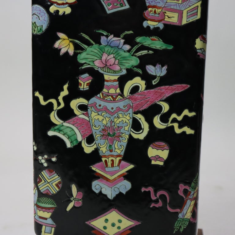 Vintage Chinese Enameled Porcelain Vase With Wood Base Signed C1940