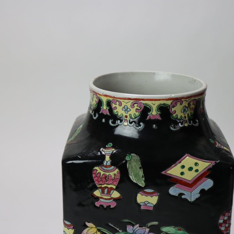 Vintage Chinese Enameled Porcelain Vase With Wood Base Signed C1940