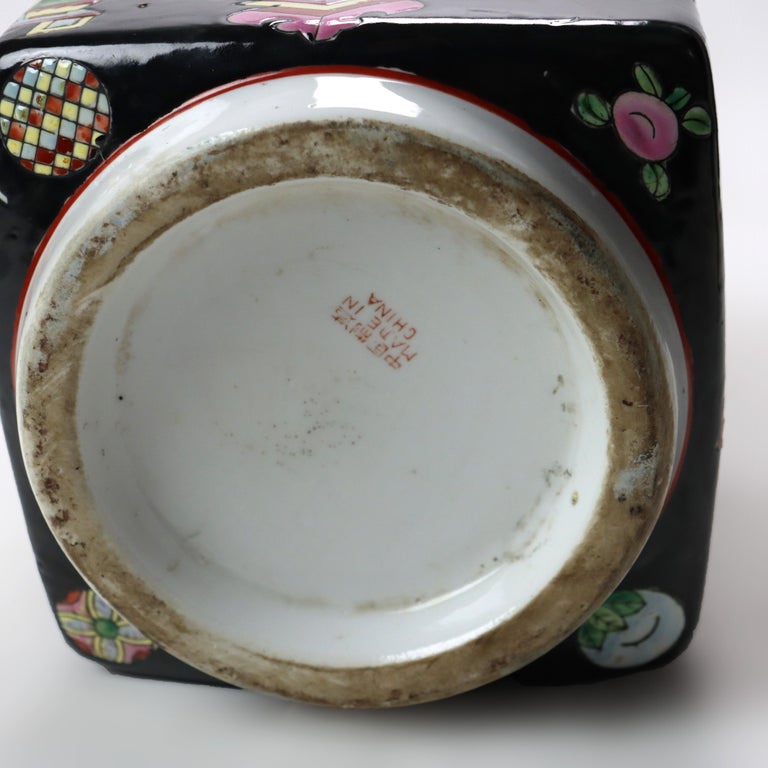 Vintage Chinese Enameled Porcelain Vase With Wood Base Signed C1940