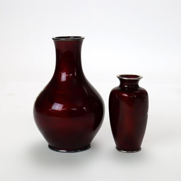 Two Antique Japanese Red Cloisonne Vases With Floral Pattern c1920