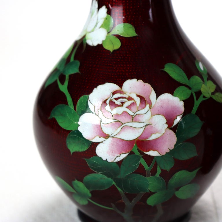 Two Antique Japanese Red Cloisonne Vases With Floral Pattern c1920