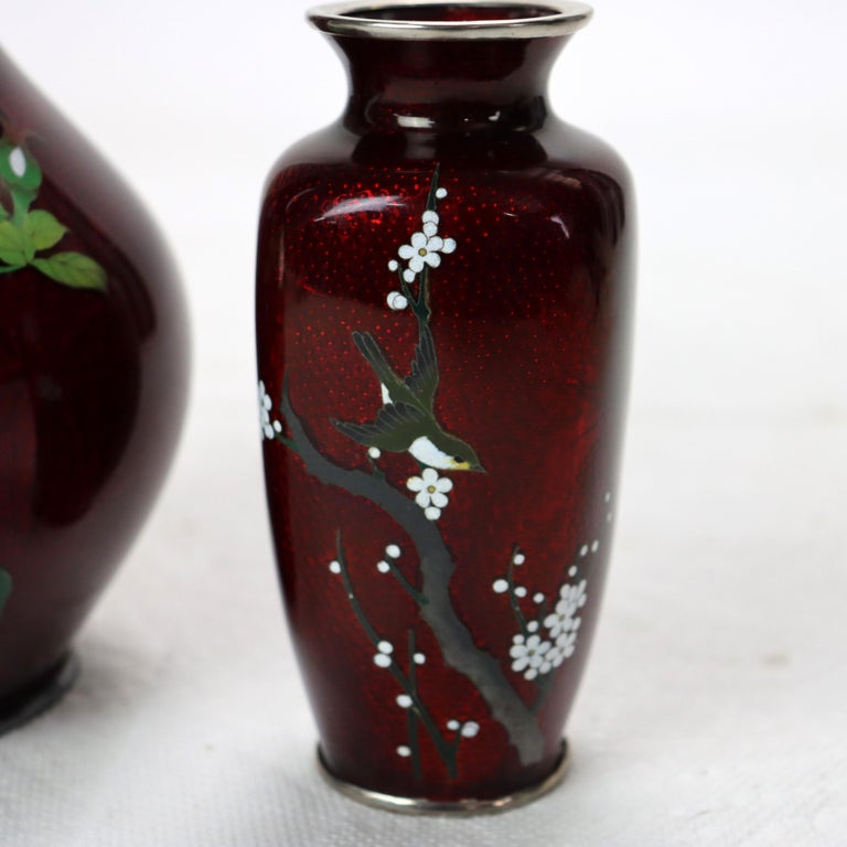 Two Antique Japanese Red Cloisonne Vases With Floral Pattern c1920