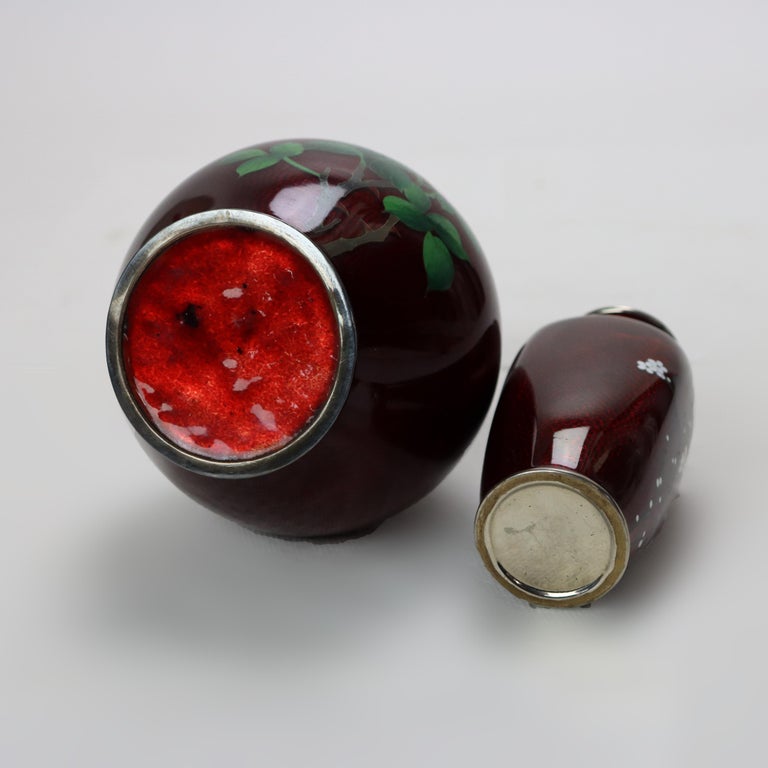 Two Antique Japanese Red Cloisonne Vases With Floral Pattern c1920