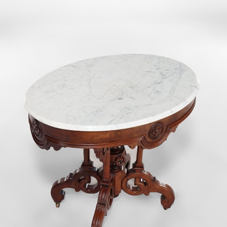 Brooks Renaissance Revival Carved Walnut, Rosewood and Marble Parlor Table c1890