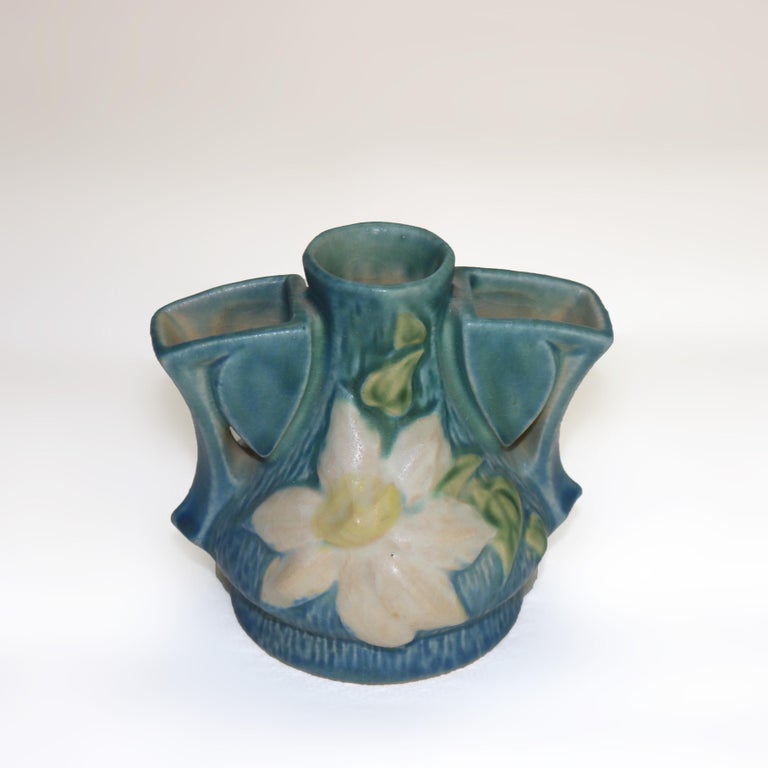 Roseville Art Pottery Blue Flower Frog With Clematis Pattern Mid 20thC
