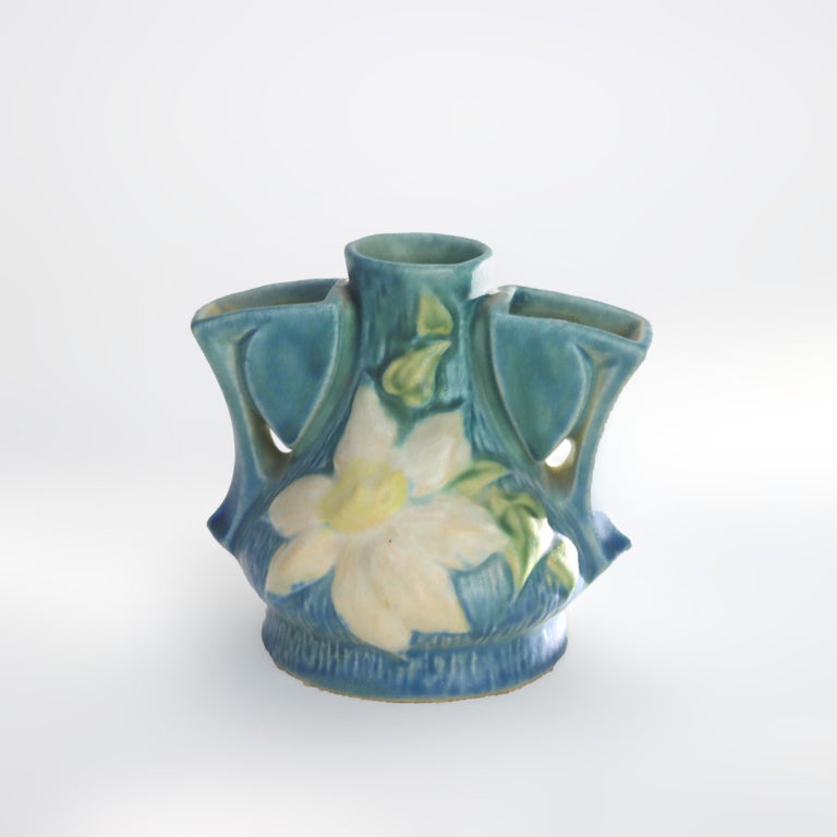 Roseville Art Pottery Blue Flower Frog With Clematis Pattern Mid 20thC