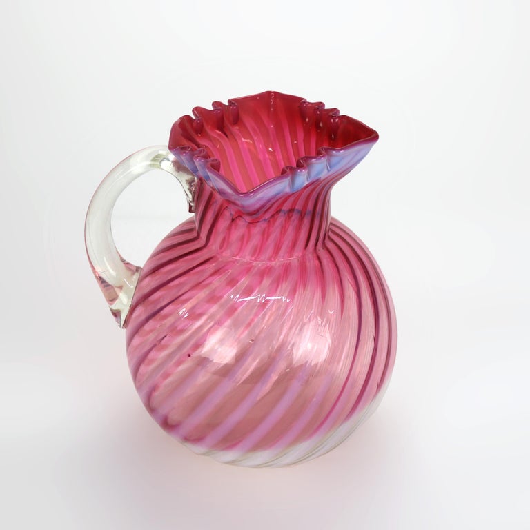 Cranberry & Opalescent Swirled Glass Juice Pitcher with Ruffled Rim 20thC