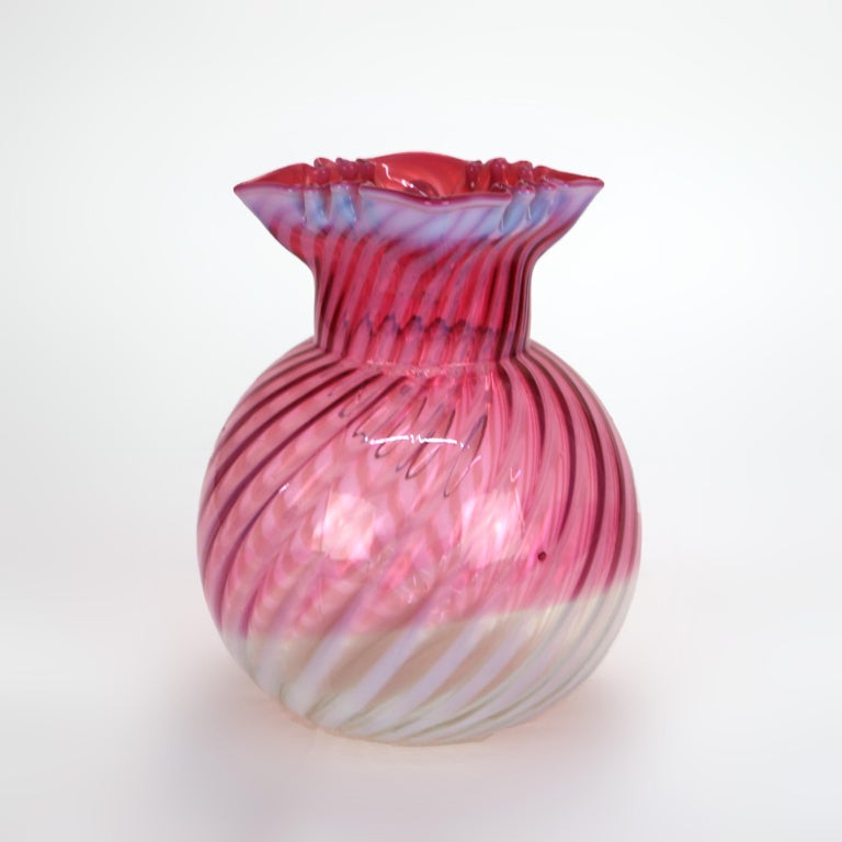 Cranberry & Opalescent Swirled Glass Juice Pitcher with Ruffled Rim 20thC