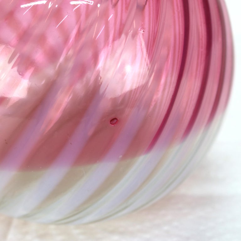 Cranberry & Opalescent Swirled Glass Juice Pitcher with Ruffled Rim 20thC