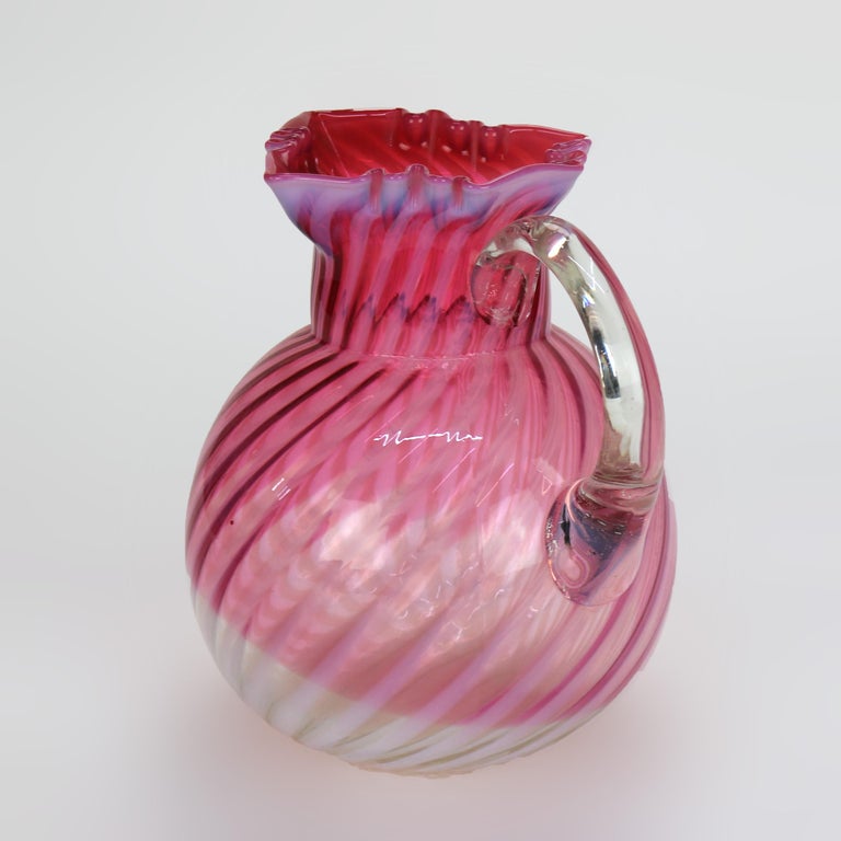 Cranberry & Opalescent Swirled Glass Juice Pitcher with Ruffled Rim 20thC