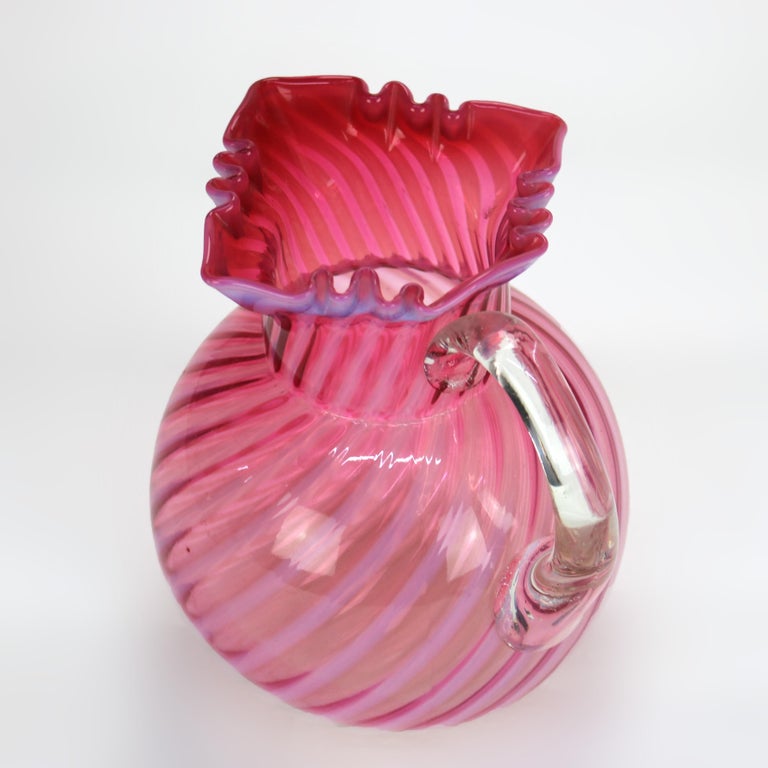 Cranberry & Opalescent Swirled Glass Juice Pitcher with Ruffled Rim 20thC
