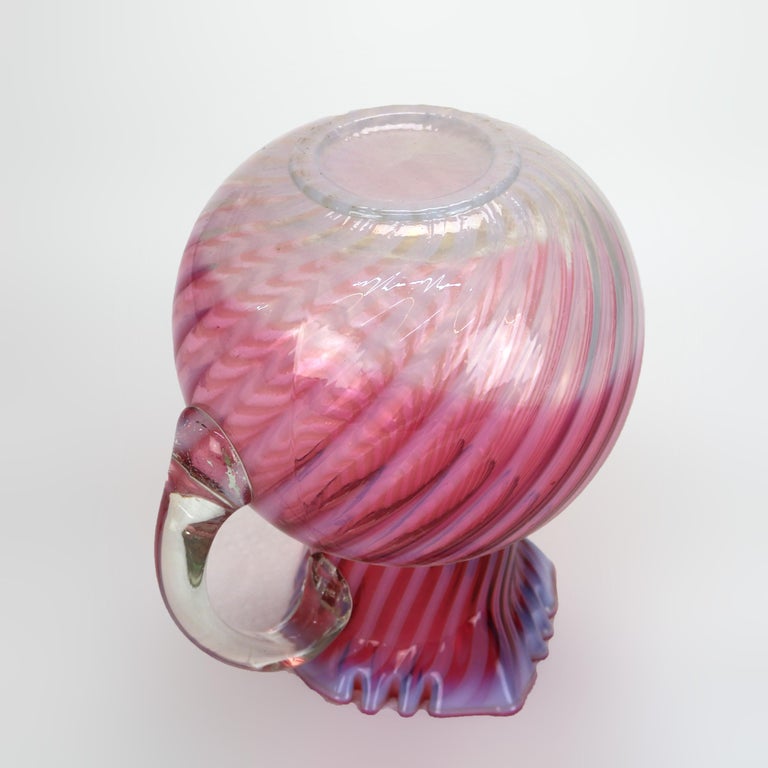 Cranberry & Opalescent Swirled Glass Juice Pitcher with Ruffled Rim 20thC