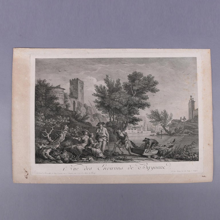 Three French Empire Maritime Etchings of Ships and Workers in Village Harbour