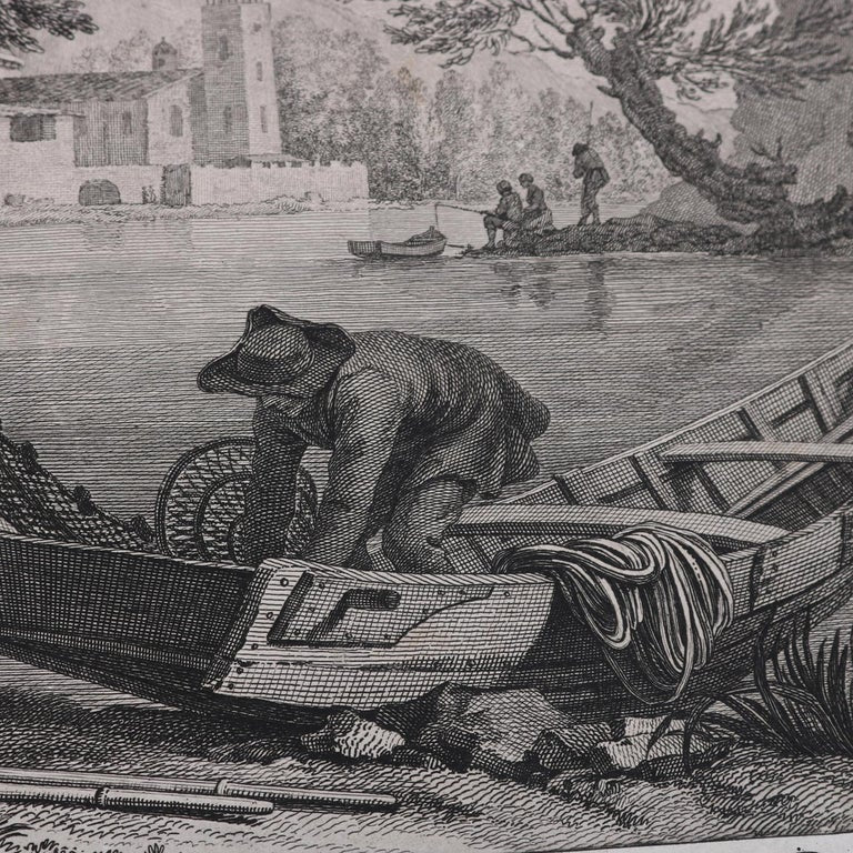 Three French Empire Maritime Etchings of Ships and Workers in Village Harbour