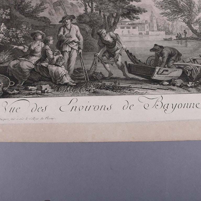 Three French Empire Maritime Etchings of Ships and Workers in Village Harbour