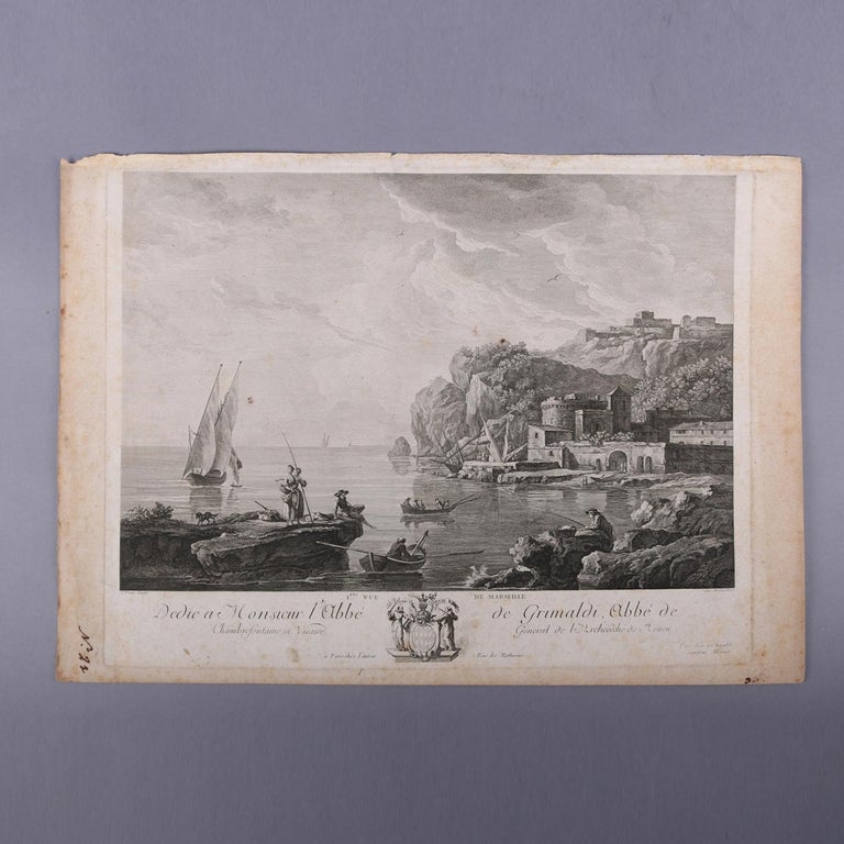 Three French Empire Maritime Etchings of Ships and Workers in Village Harbour