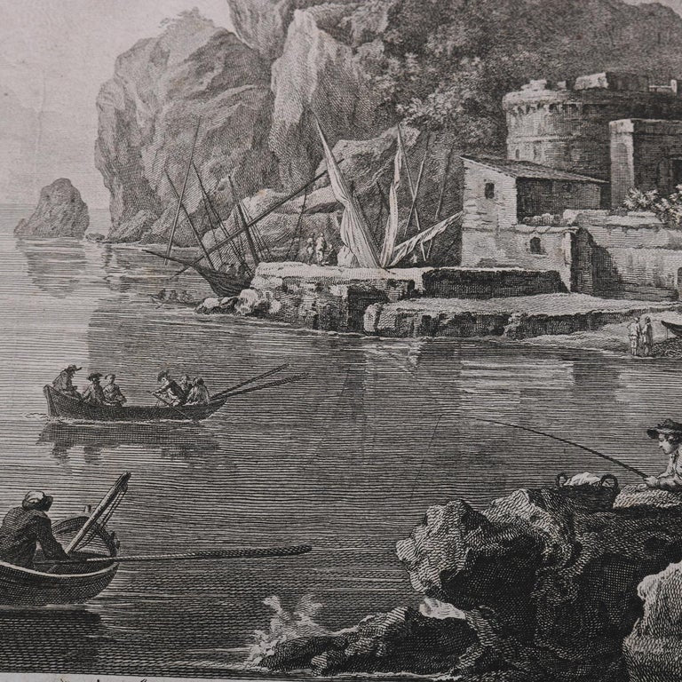Three French Empire Maritime Etchings of Ships and Workers in Village Harbour
