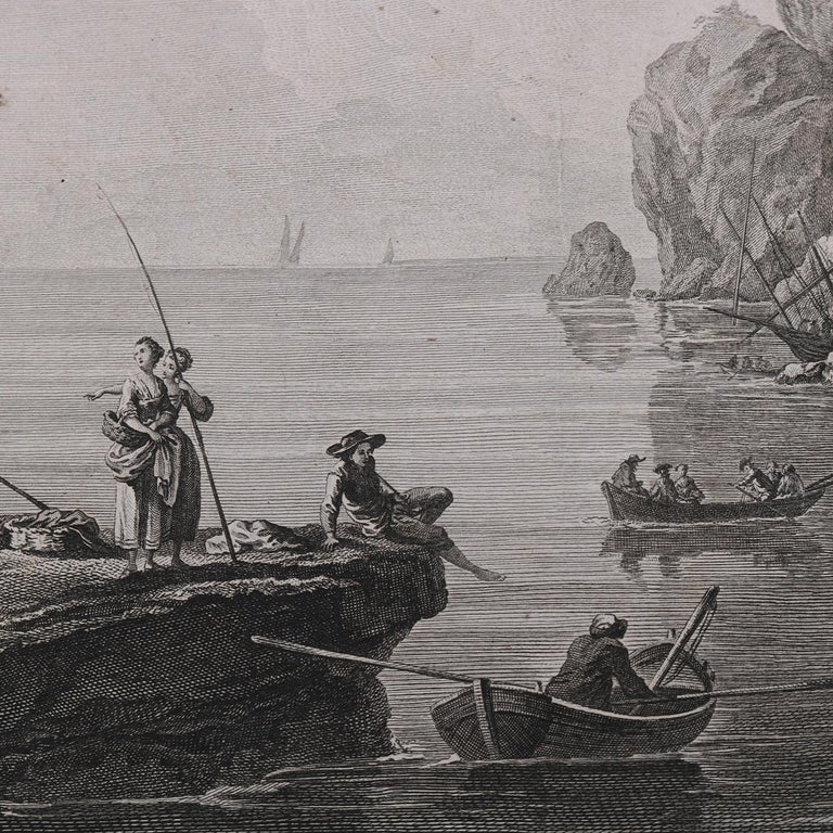 Three French Empire Maritime Etchings of Ships and Workers in Village Harbour