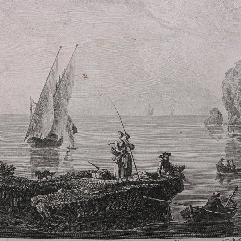 Three French Empire Maritime Etchings of Ships and Workers in Village Harbour