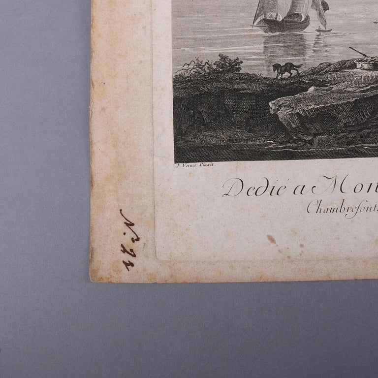 Three French Empire Maritime Etchings of Ships and Workers in Village Harbour
