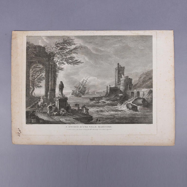 Three French Empire Maritime Etchings of Ships and Workers in Village Harbour