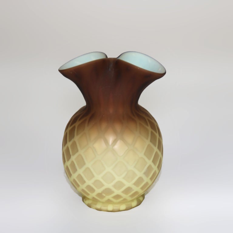 Antique Amber Satin Glass Double Vase with Diamond Quilt Pattern C1890