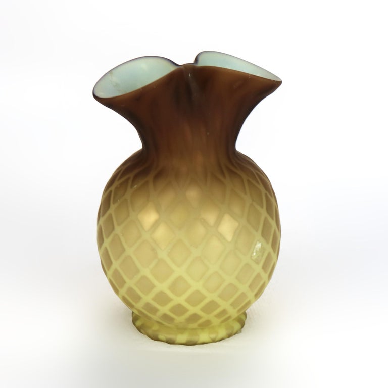 Antique Amber Satin Glass Double Vase with Diamond Quilt Pattern C1890