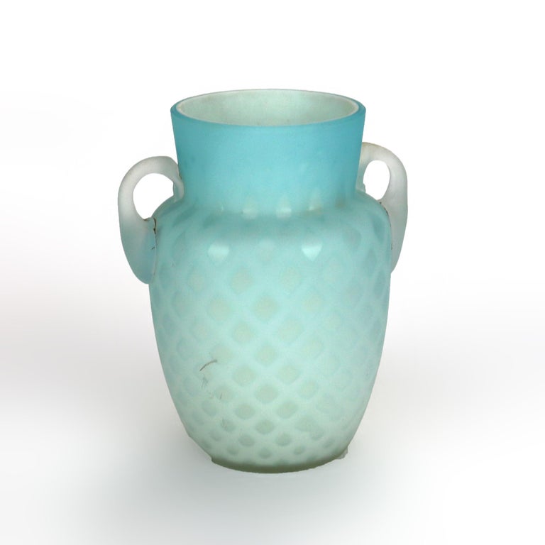 Antique Aqua Glass Double Handled Vase with Diamond Quilt Pattern C1890