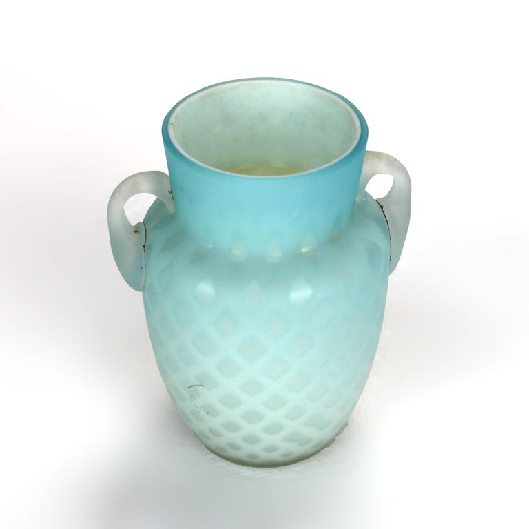 Antique Aqua Glass Double Handled Vase with Diamond Quilt Pattern C1890