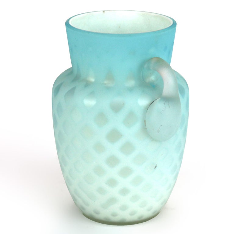 Antique Aqua Glass Double Handled Vase with Diamond Quilt Pattern C1890