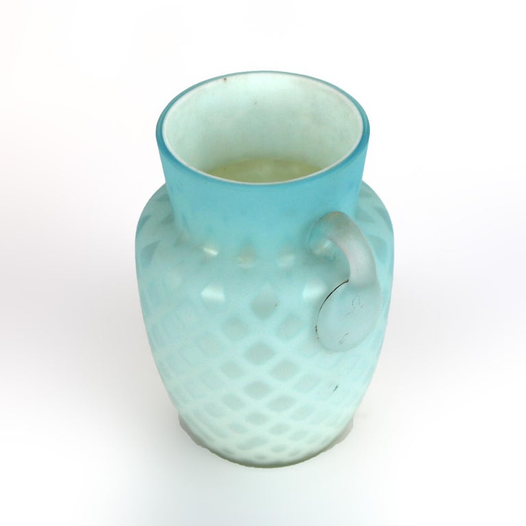 Antique Aqua Glass Double Handled Vase with Diamond Quilt Pattern C1890