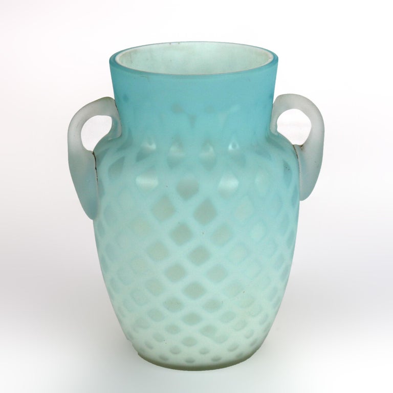 Antique Aqua Glass Double Handled Vase with Diamond Quilt Pattern C1890