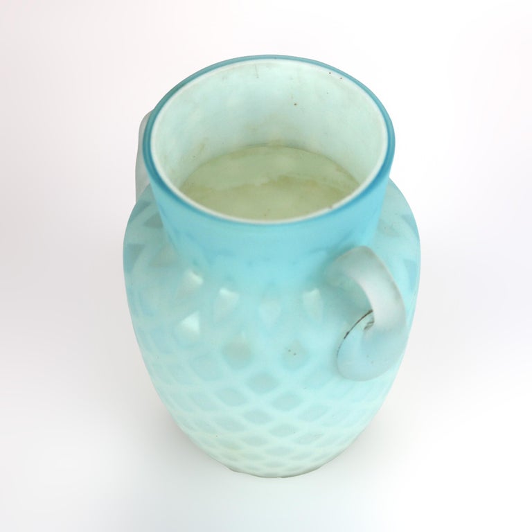 Antique Aqua Glass Double Handled Vase with Diamond Quilt Pattern C1890