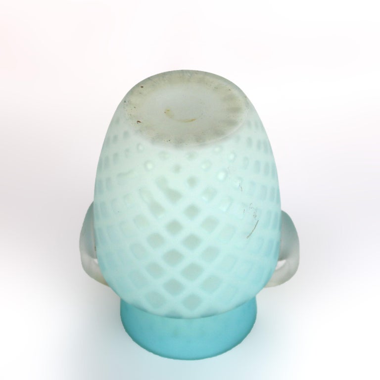 Antique Aqua Glass Double Handled Vase with Diamond Quilt Pattern C1890