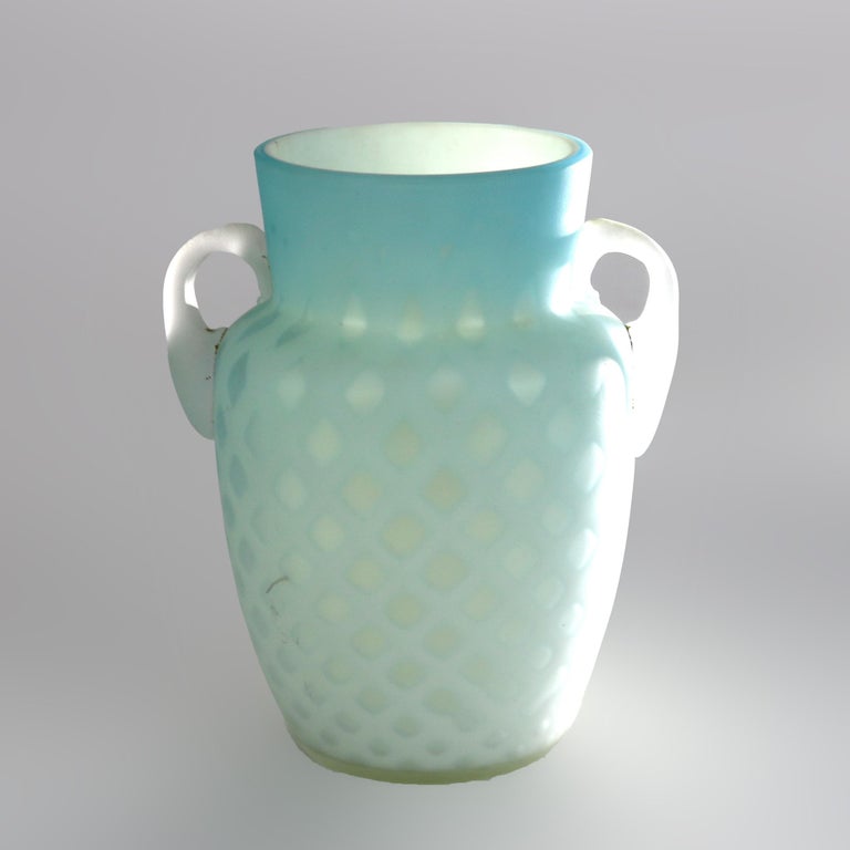 Antique Aqua Glass Double Handled Vase with Diamond Quilt Pattern C1890