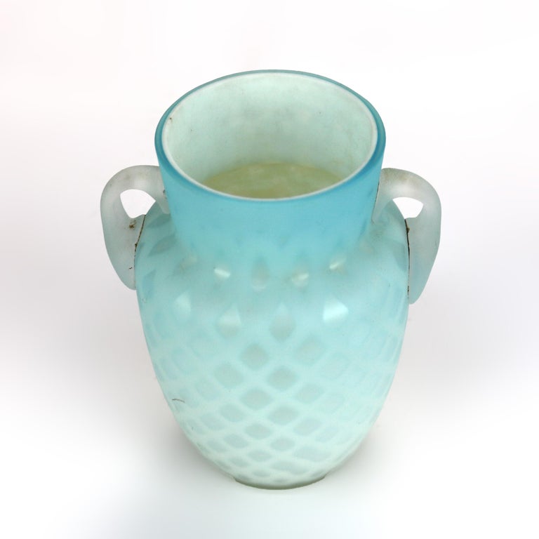 Antique Aqua Glass Double Handled Vase with Diamond Quilt Pattern C1890