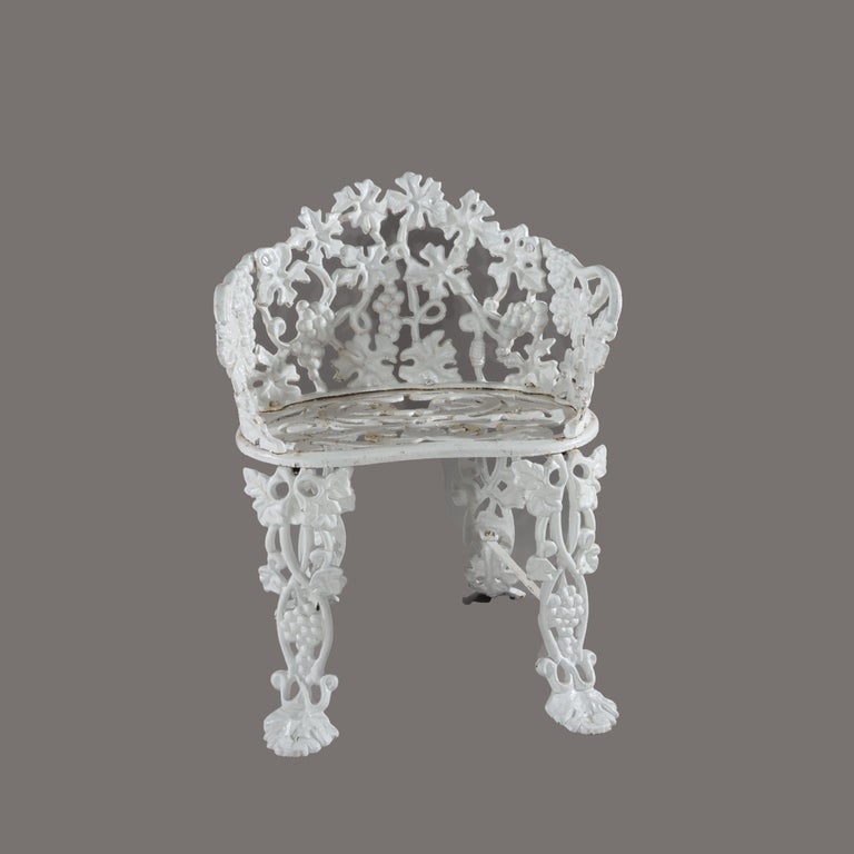 Antique White Painted Wrought Iron Grape & Leaf Garden Seat c1890
