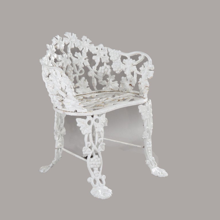 Antique White Painted Wrought Iron Grape & Leaf Garden Seat c1890